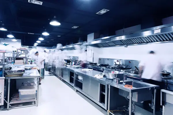 Busy commercial kitchen with chefs working.