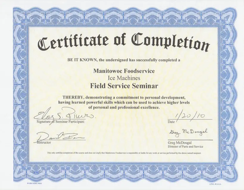Certificate of Completion for Field Service Seminar.