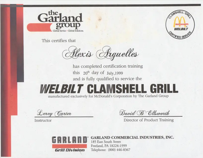 Certificate for Welbilt Clamshell Grill training completion.