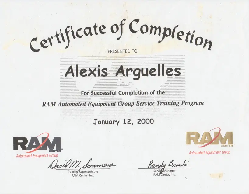 Certificate of Completion for service training program.