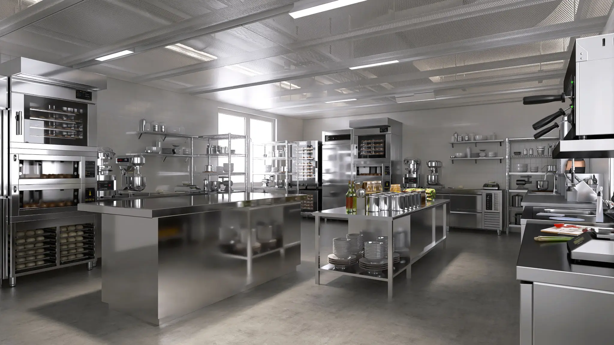 A clean, modern commercial kitchen with stainless steel equipment.